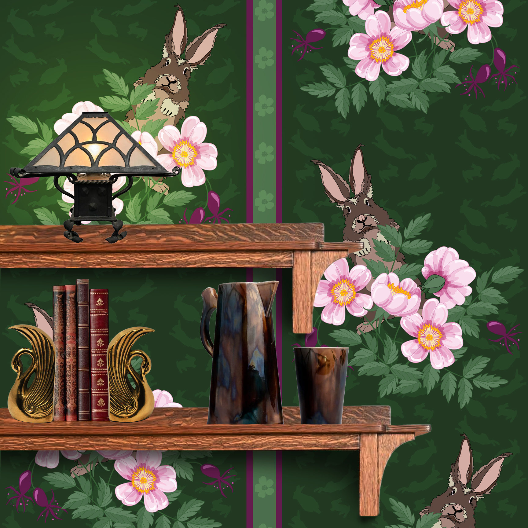 The artwork depicts a stylized brown hare partially concealed behind a cluster of green leaves and pink flowers with yellow centers. The background is dark green with subtle leafy patterns. Two vertical stripes—one dark purple and one green with small floral motifs—run along the left side, contrasting with the otherwise naturalistic elements. The composition balances the lively flora and fauna with a decorative, patterned design. The wallpaper design is shown behind a Mission style shelf.